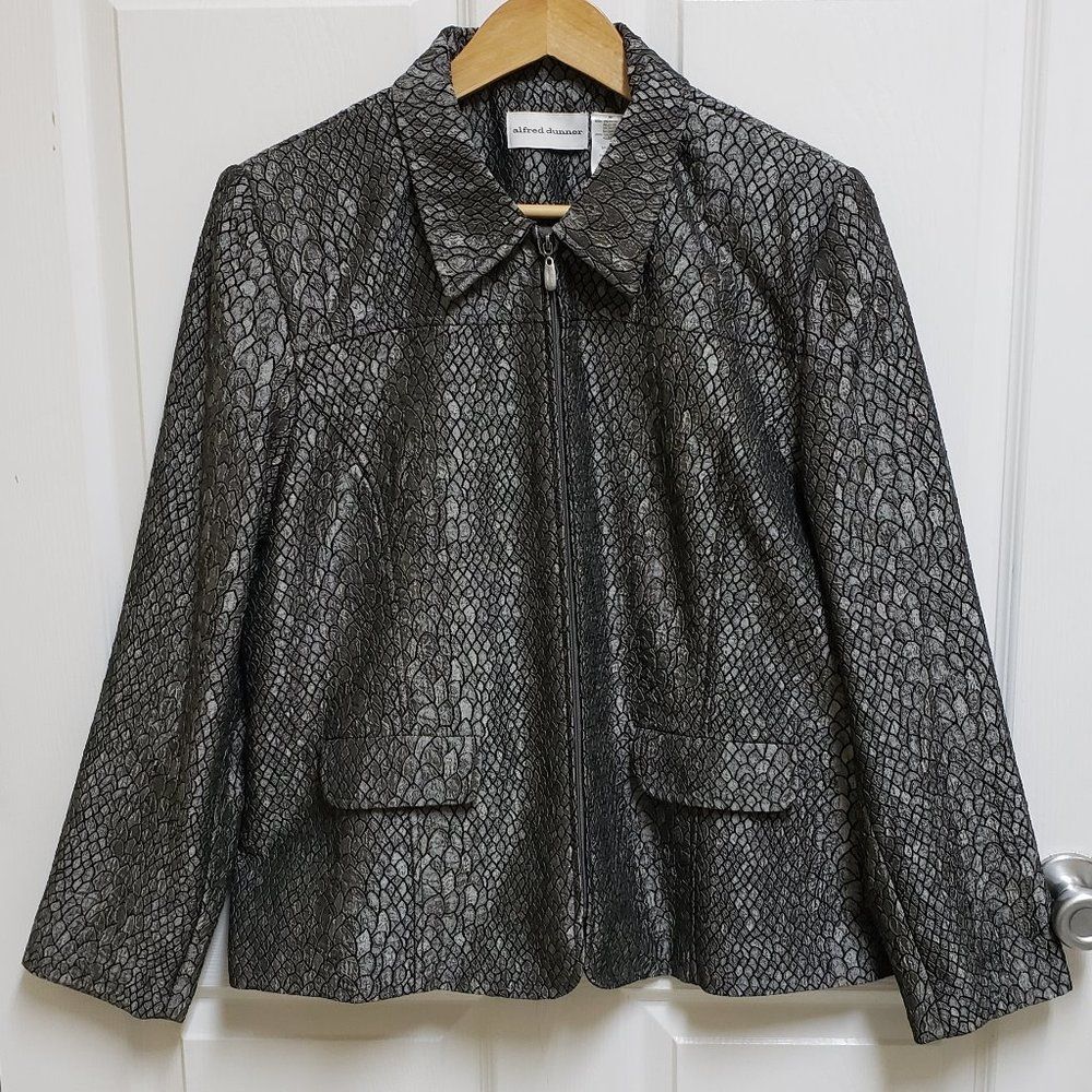 Alfred Dunner Womens 14 Black Silver Animal Skin Zipper Long Sleeve Metallic